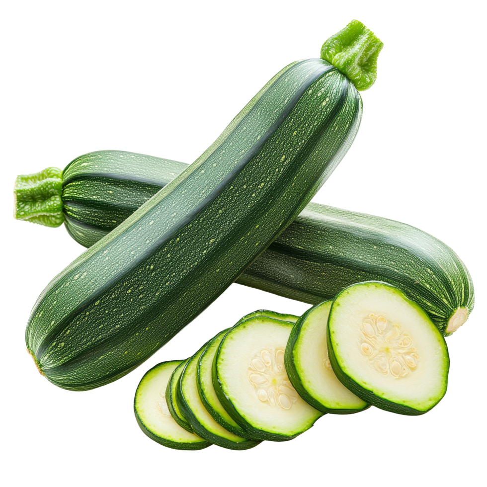 Fresh green zucchini and sliced pieces presented on a clean transparent background for healthy cooking ideas, fresh green zucchini with slice isolated on transparent background png