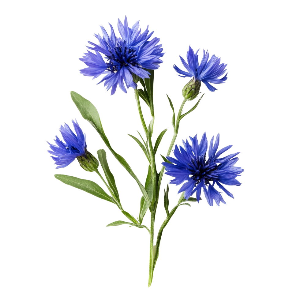 Medicinal cornflower blooming with rich blue petals on a transparent background in a bright setting, Medicinal cornflower on a transparent background png