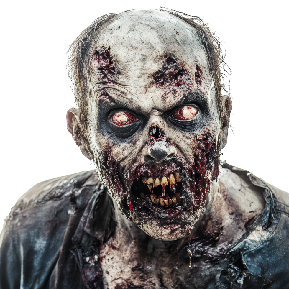 A terrifying zombie with grotesque features and glowing eyes stands against a plain transparent background, Scary zombie on transparent background png