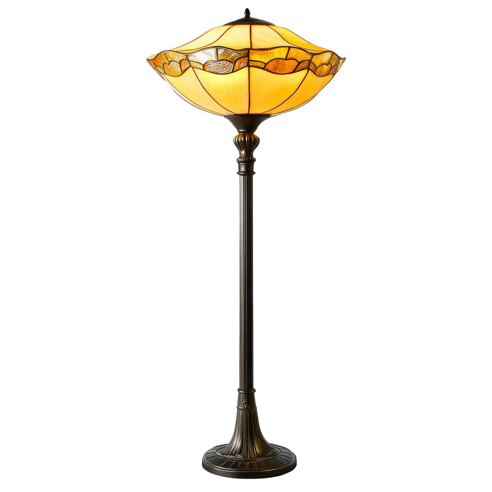 Elegant floor torchiere lamp with stained glass shade standing alone on a transparent background for stylish home decor, floor torchiere lamp isolated on transparent background png