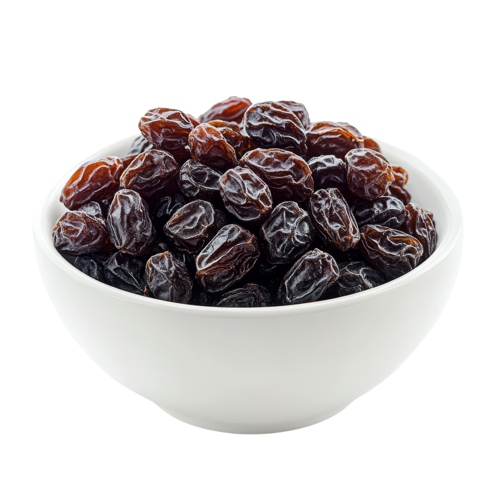 A bowl overflowing with plump raisins on a clean transparent background showcasing the rich texture and color, raisin in the transparent bowl on transparent background png