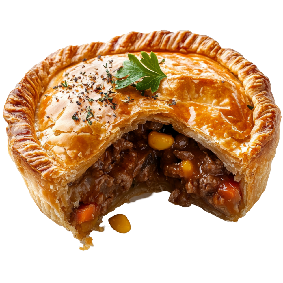 Freshly baked meat pie with a flaky crust and delicious filling on a transparent background, Fresh tasty meat pie on a transparent background png