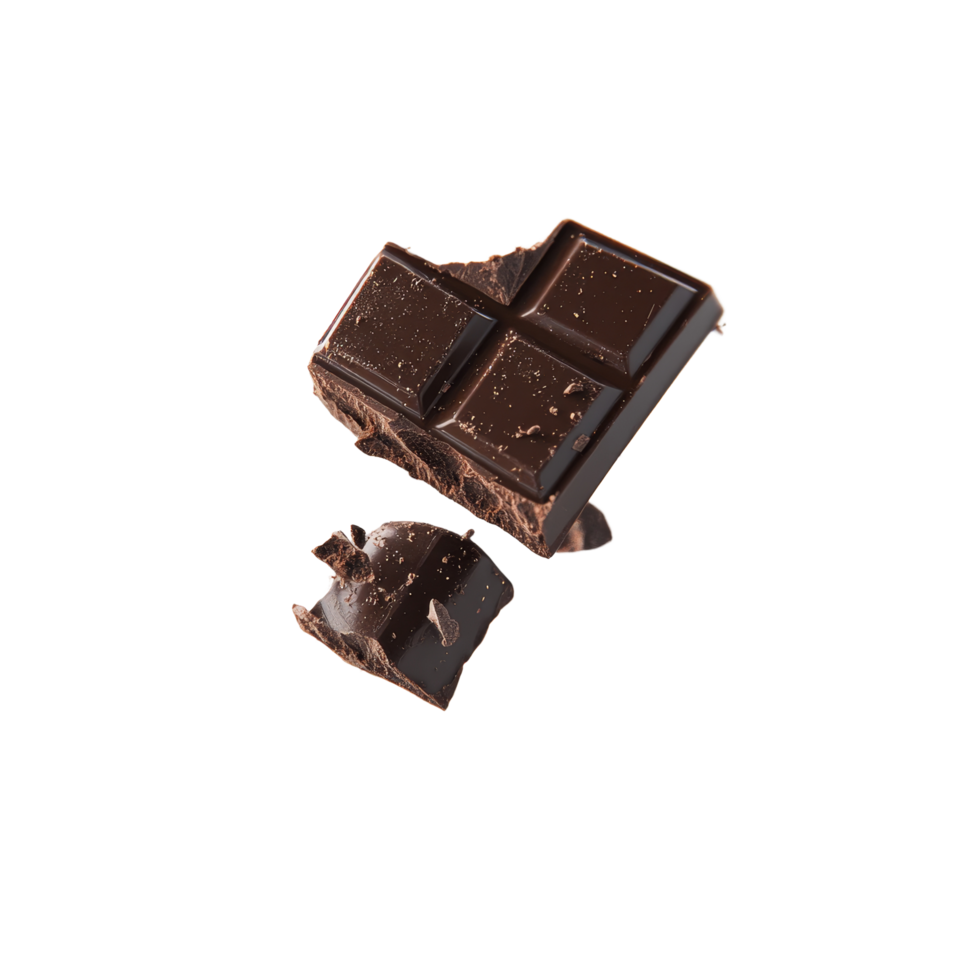 Chunks of levitating chocolate bar pieces against a bright transparent background with an artistic arrangement, Levitating chocolate bar chunks transparent background png
