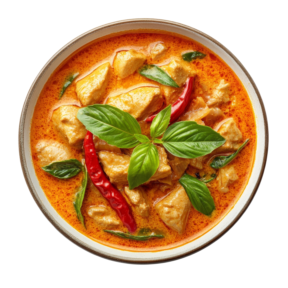 Delicious Panaeng curry with chicken and fresh basil garnished on a transparent background, Panaeng curry is a type of Thai curry on transparent background png