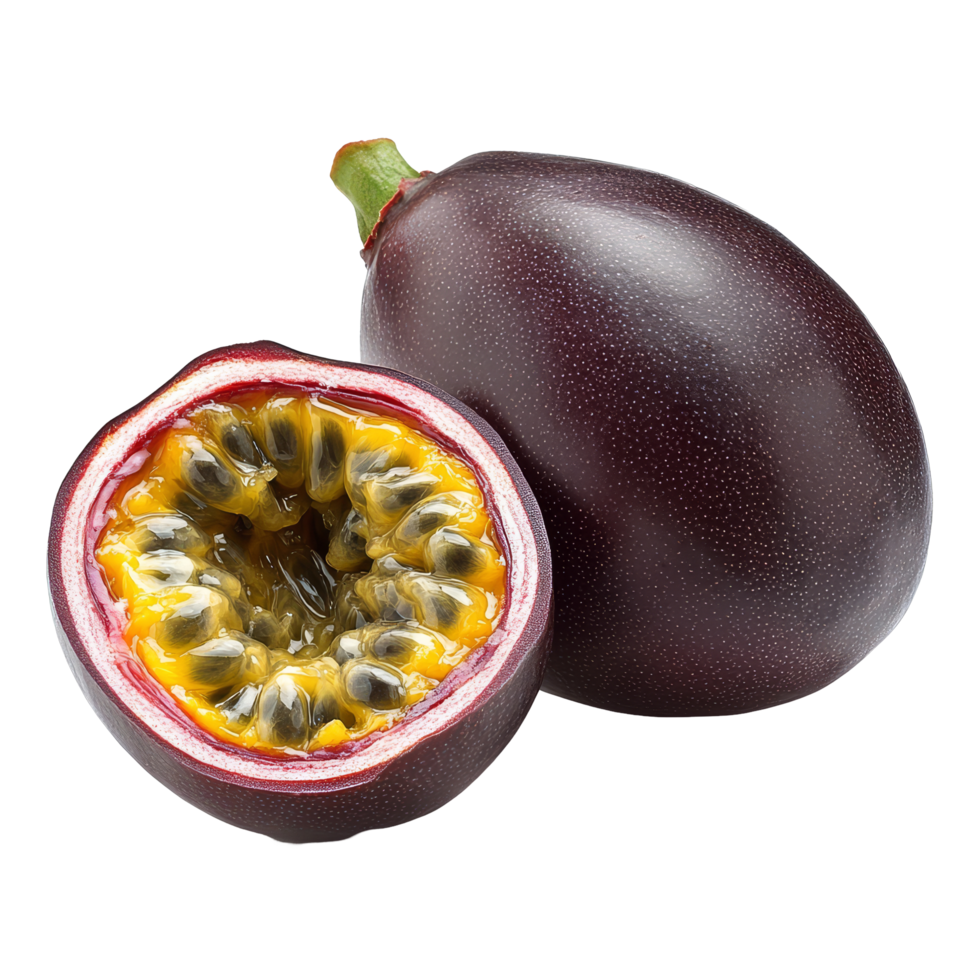 Freshly sliced purple passion fruit on a transparent background showcasing its vibrant interior and exterior textures, Purple passion fruit isolated on transparent background png