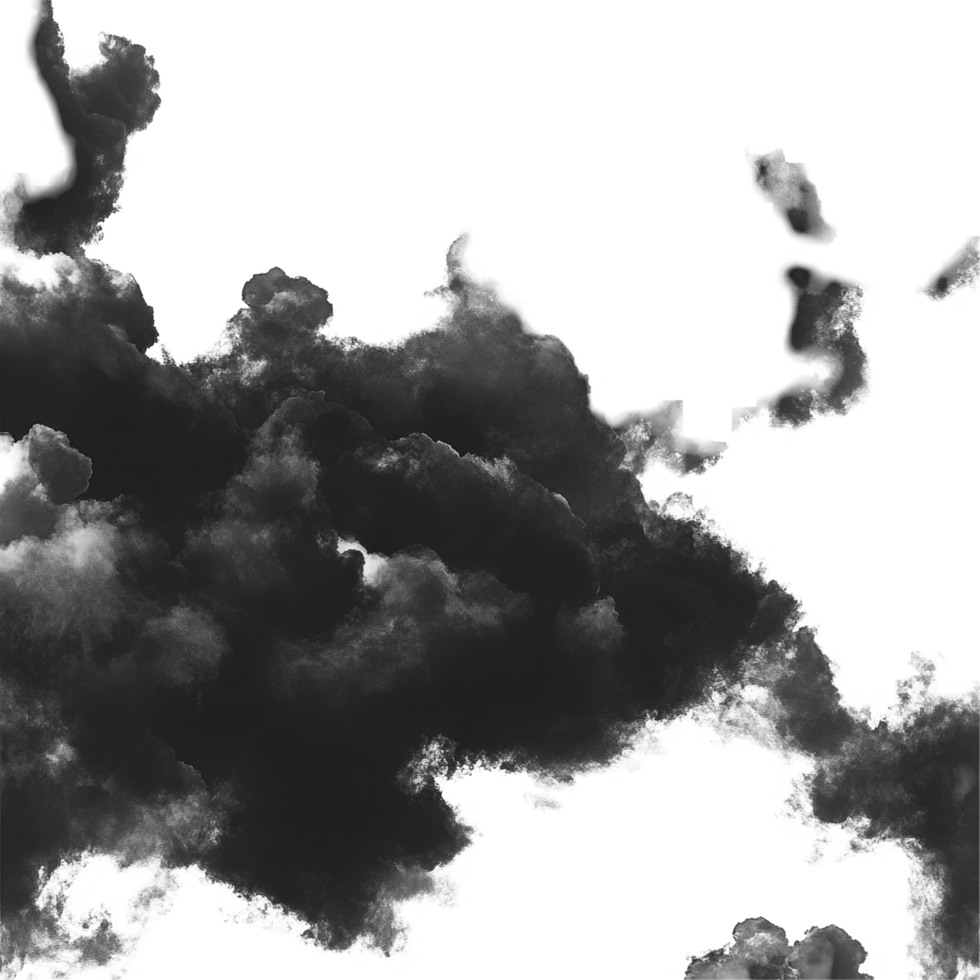 Dramatic black clouds contrast against a bright transparent background creating a striking visual impact, black clouds on transparent background png