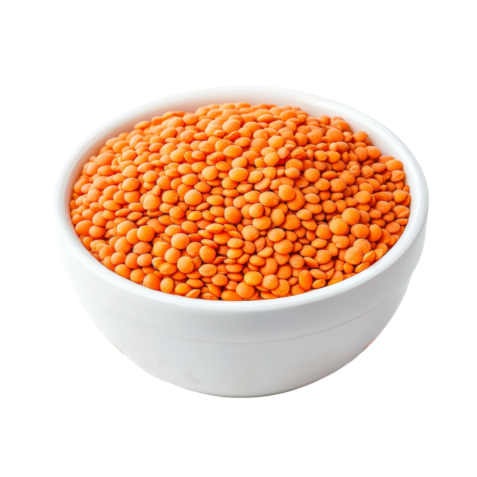 A bowl of vibrant red lentils set against a pristine transparent background for culinary inspiration and healthy eating, Red lentils in transparent bowl isolated on transparent background png