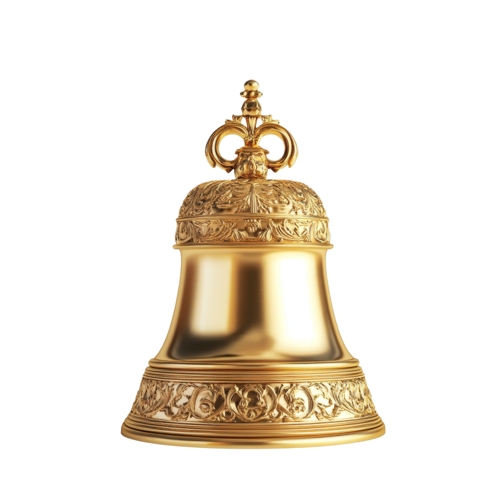 Elegant isolated golden bell with intricate designs displayed against a bright transparent backdrop, Isolated golden bell on transparent background png