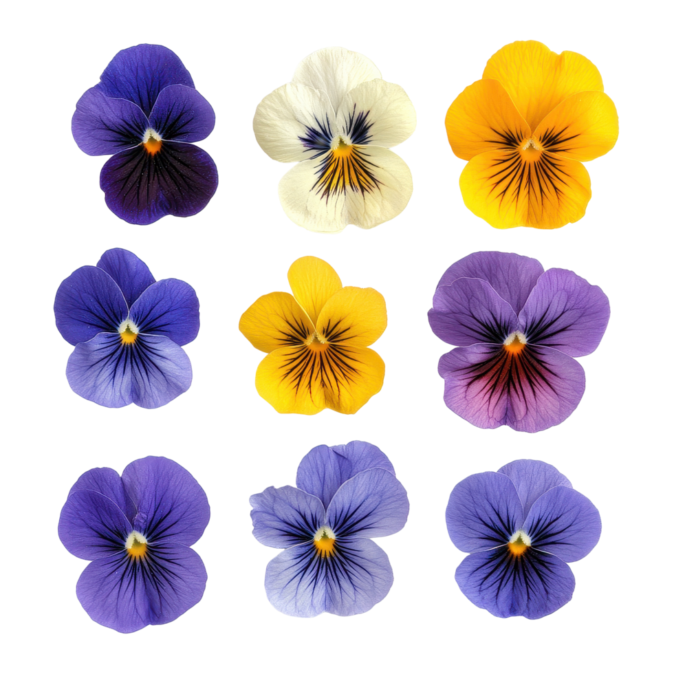 Colorful wild pansy flowers arranged in a vibrant display with a close up view of various hues and patterns, various Single wild pansy flower top view and with isolated on Transparent background png