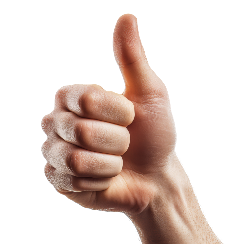 A raised hand with a thumbs up gesture against a bright transparent background showing approval and positivity, thumb up on transparent backgroundfile png