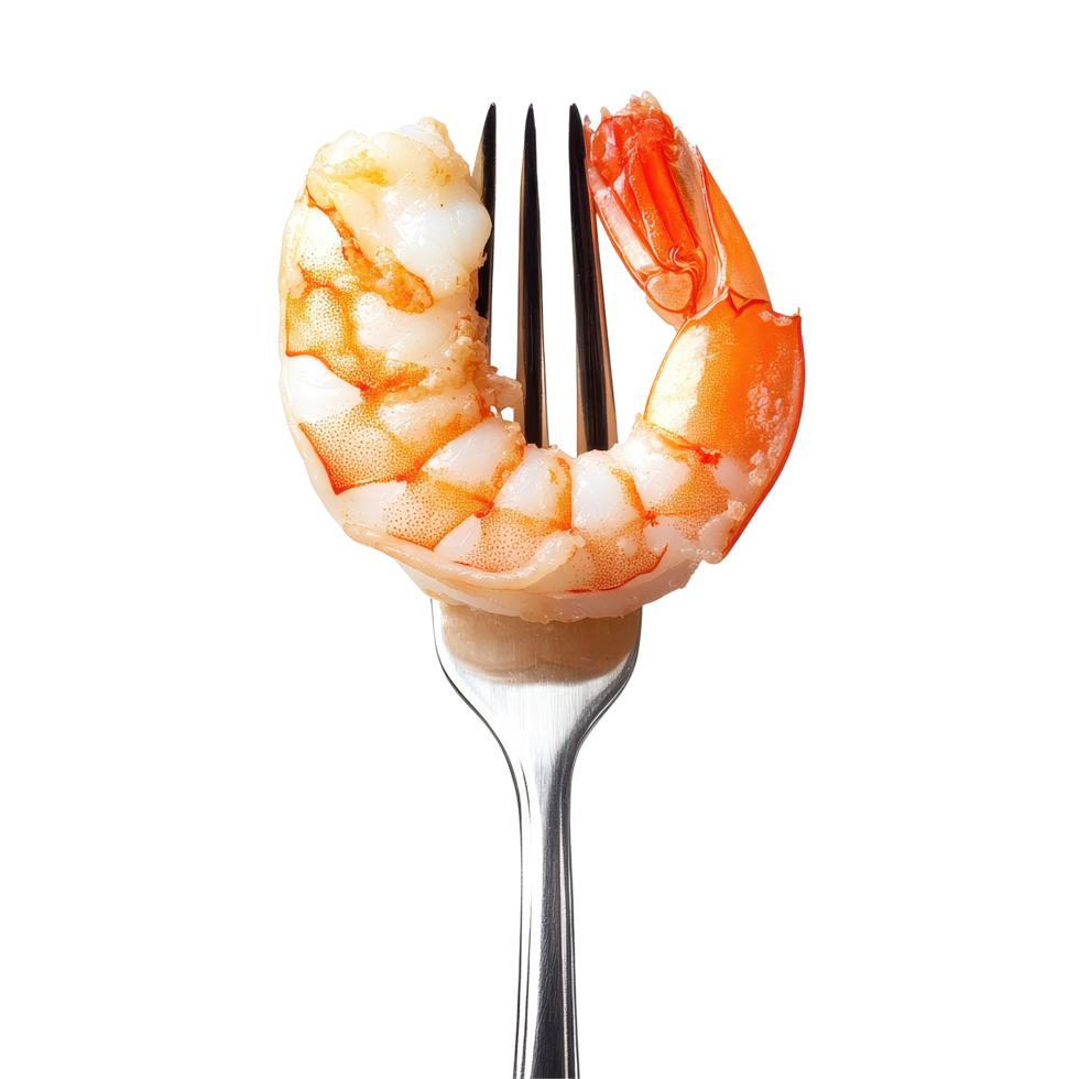 Peeled shrimp on a fork isolated against a clean Transparent background for culinary presentation, Peeled shrimp on a fork isolated on background png