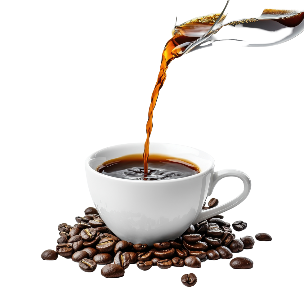 Pouring fresh Brazilian black coffee into a white cup surrounded by roasted coffee beans, Pouring a Fresh Cup Brazilian black coffee, Transparent background png