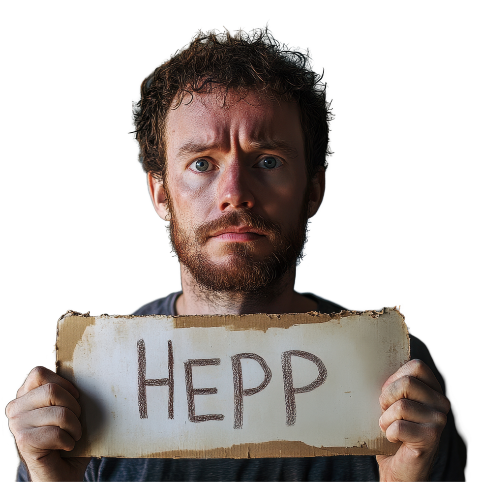 Man holding help sign in front of blank wall shows urgent need for assistance, Portrait a Man Behind Blank Wall with Help Sign png