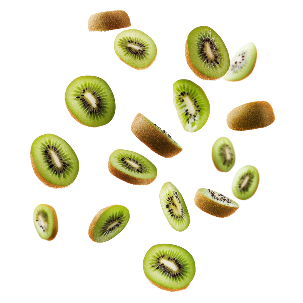 Floating slices of kiwi in mid air on white background creating a whimsical visual effect, Flying falling kiwis isolated on white background png