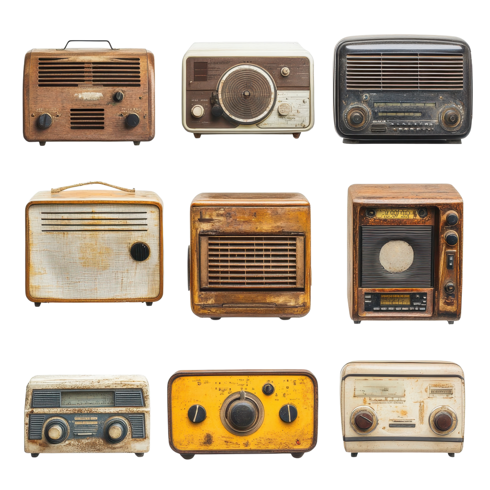 Classic vintage radios displayed on a Transparent background showcasing unique designs and details, Old fashioned radios isolated on background png