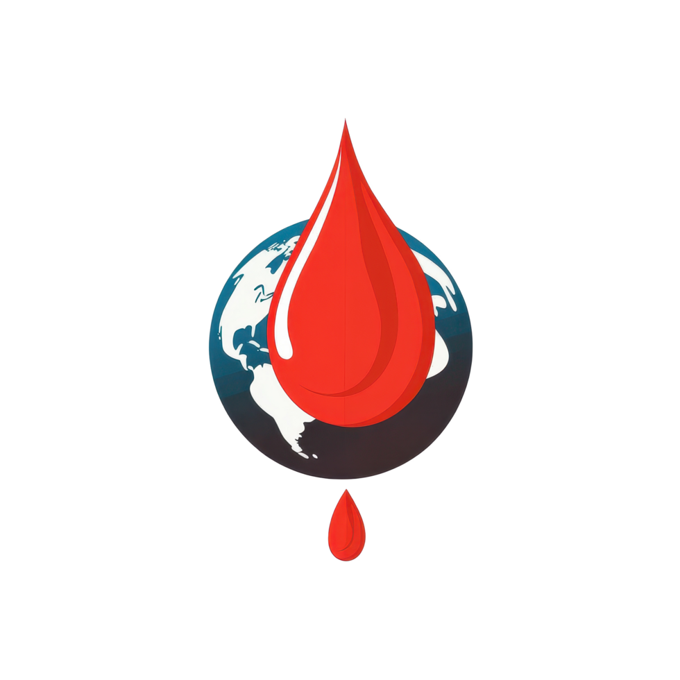 Red droplet over globe symbolizes global health awareness and blood donation importance, Single red droplet and earth globe flat logo for blood health event isolated on Transparent background png