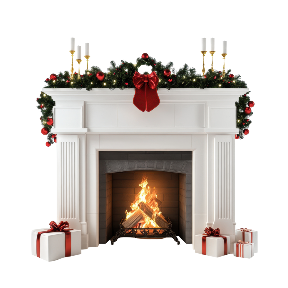 Cozy Christmas fireplace with minimalist decor and festive accents creating a warm holiday atmosphere, Cozy Christmas Fireplace and Hearth Minimalistic realistic on Transparent background png