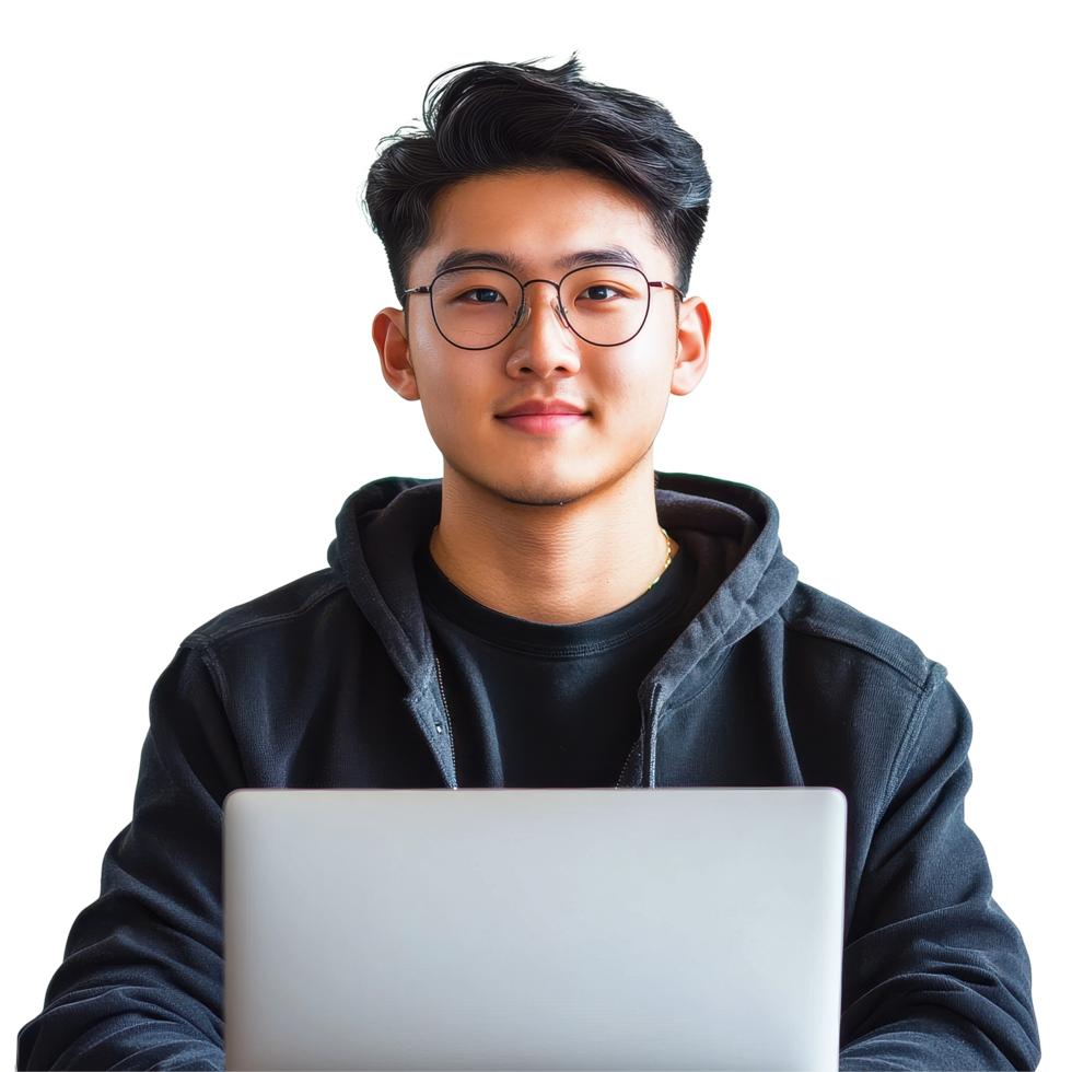 Young man sits at a laptop with a confident expression against a plain Transparent background, Portrait young man using laptop isolated on background png