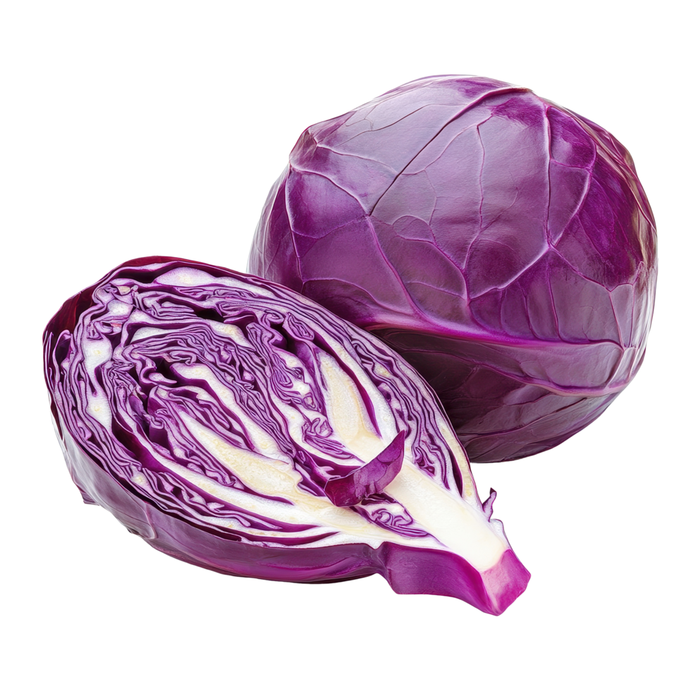 Sliced red cabbage with whole cabbage isolated on Transparent background presenting vibrant color and texture, Sliced red cabbage isolated on background png