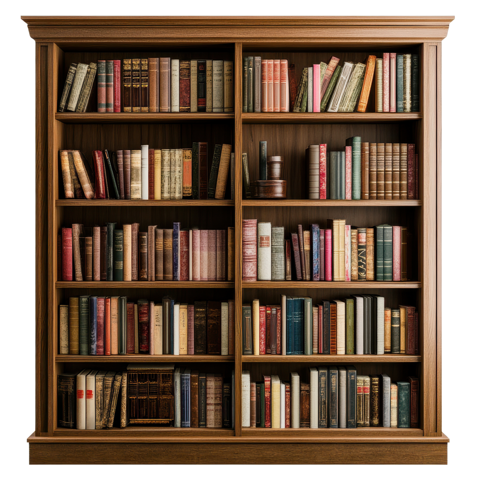 Collection of books on a wooden bookcase against a white background with a variety of genres displayed, bookcase with many books on it png