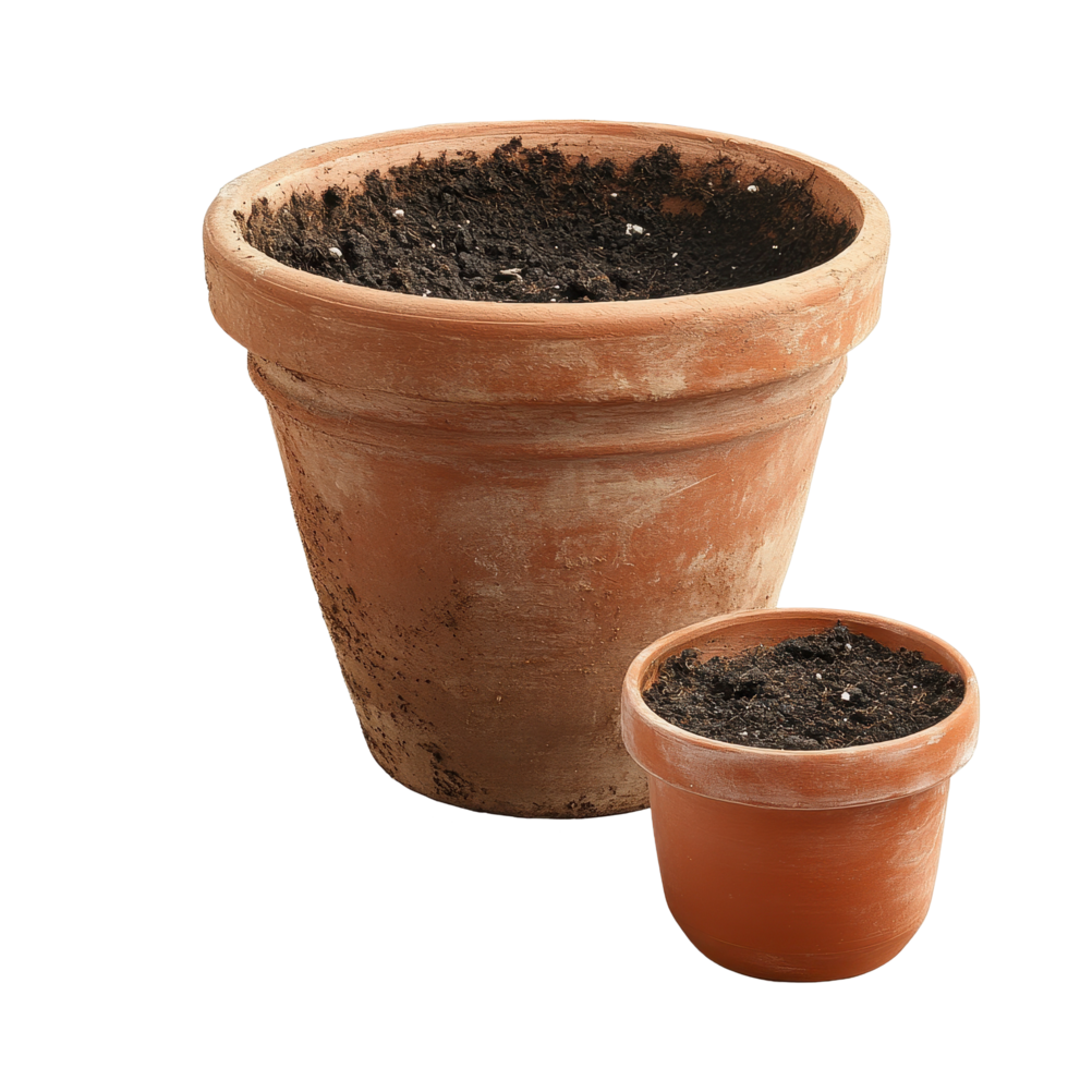 Large and small clay pots with dirt ready for planting indoors or outdoors in a garden setting, large clay pot and a small clay pot with dirt on the ground, Transparent background png
