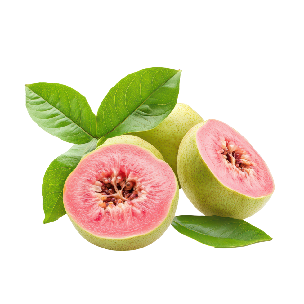 Fresh guava on white background showcasing ripe fruit and green leaves, guava isolated on white background png