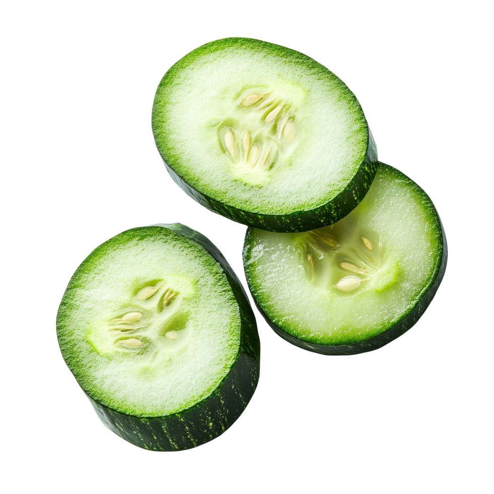 Freshly sliced cucumbers isolated on a clean Transparent background showcasing their vibrant green color and texture, Sliced cucumber isolated on background png