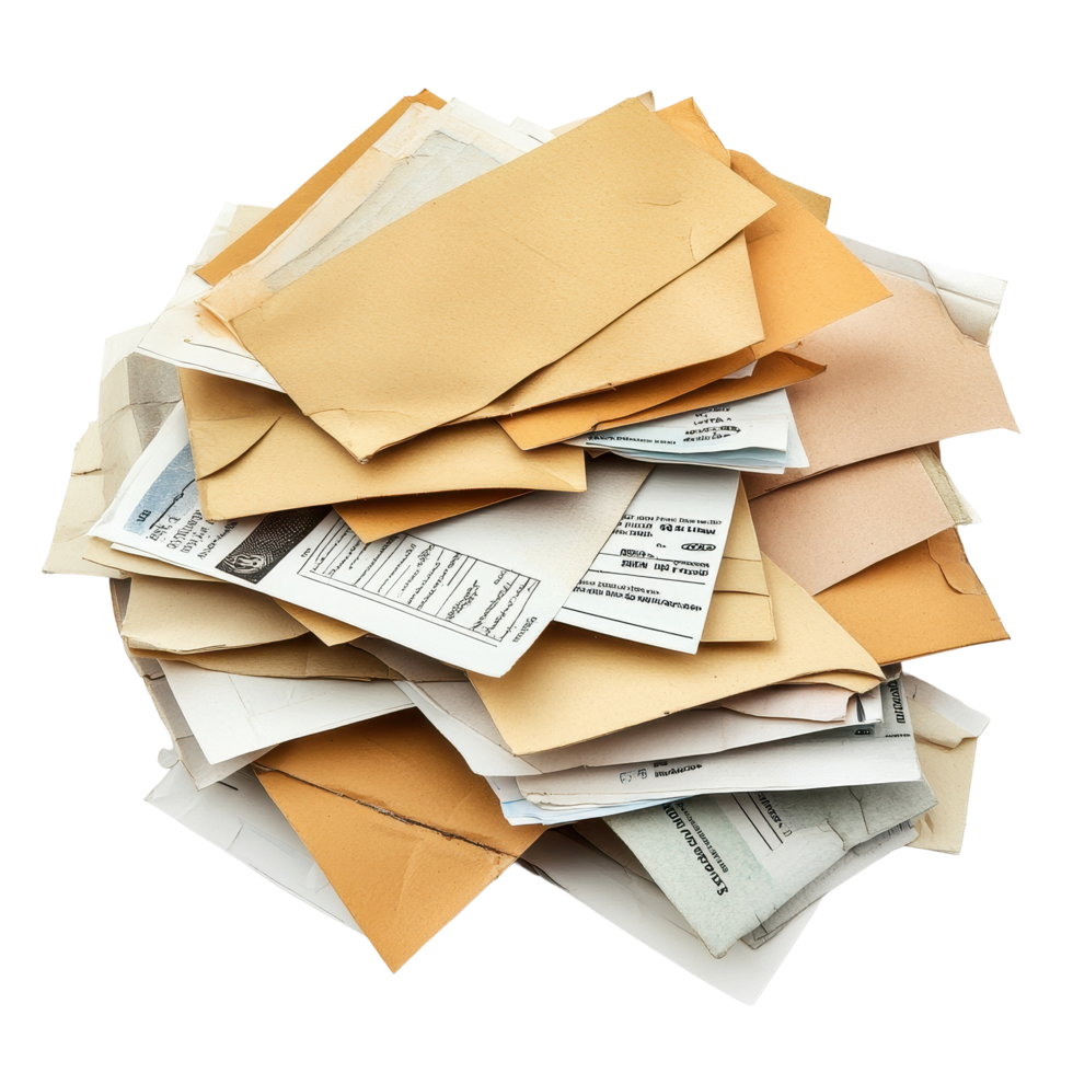 Overdue utility bills piled high on a desk, highlighting financial disorganization and stress, Pile envelopes with overdue utility bills isolated on white, Transparent background png