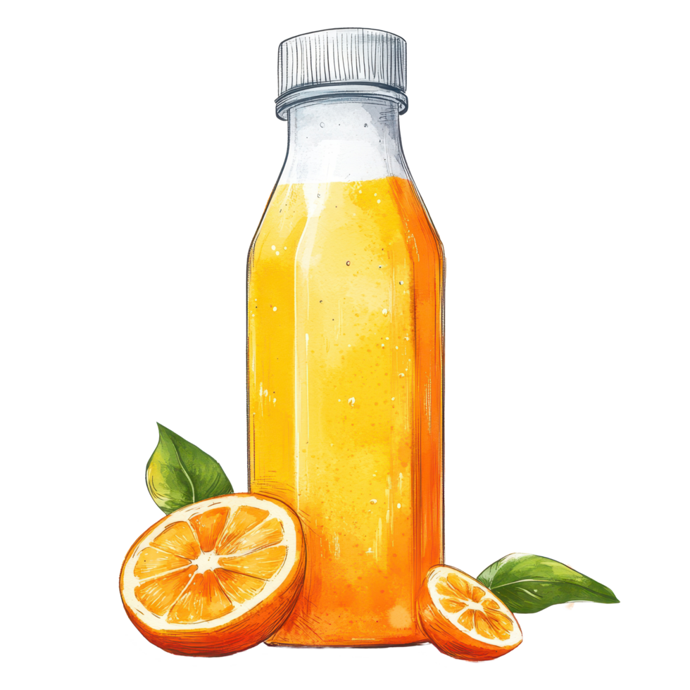 Freshly squeezed orange juice in a glass bottle with sliced oranges on the side, Health orange juice in bottle png
