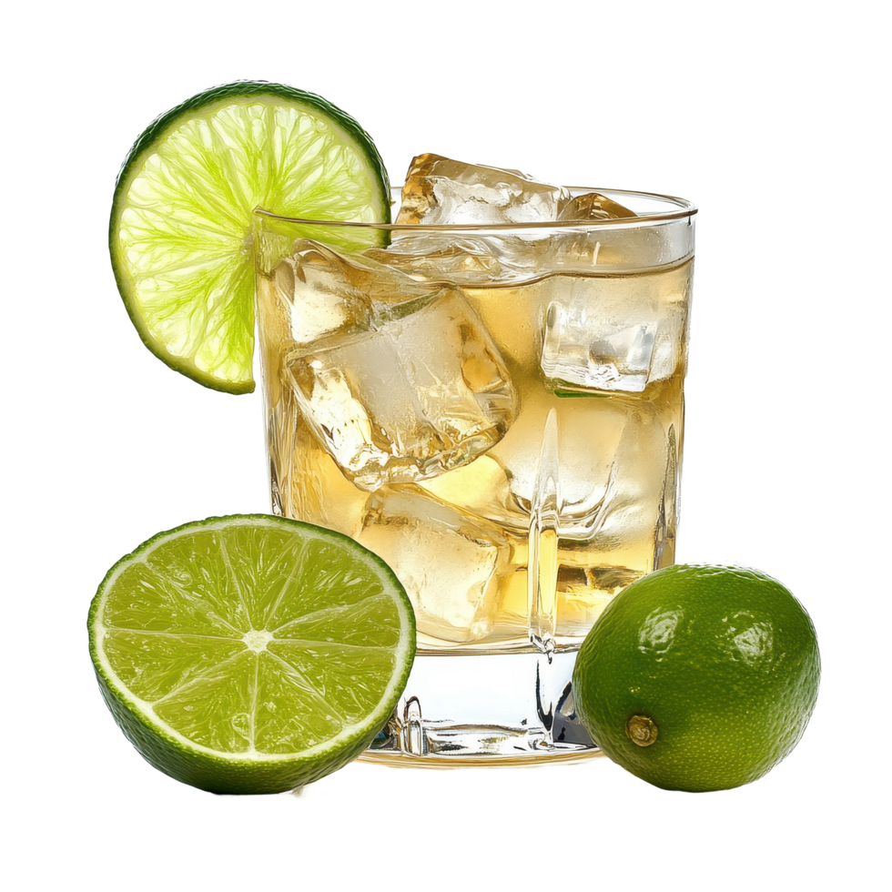 Refreshing cocktail served with ice and a slice of lime on a bright background, Cocktail with ice and lime slice in a glass png