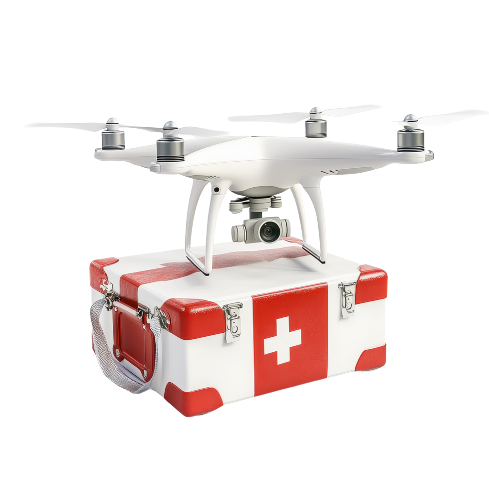 Drone delivers first aid medical box for emergency response in urban area, Realistic drone carrying the first aid medical box Transparent background png