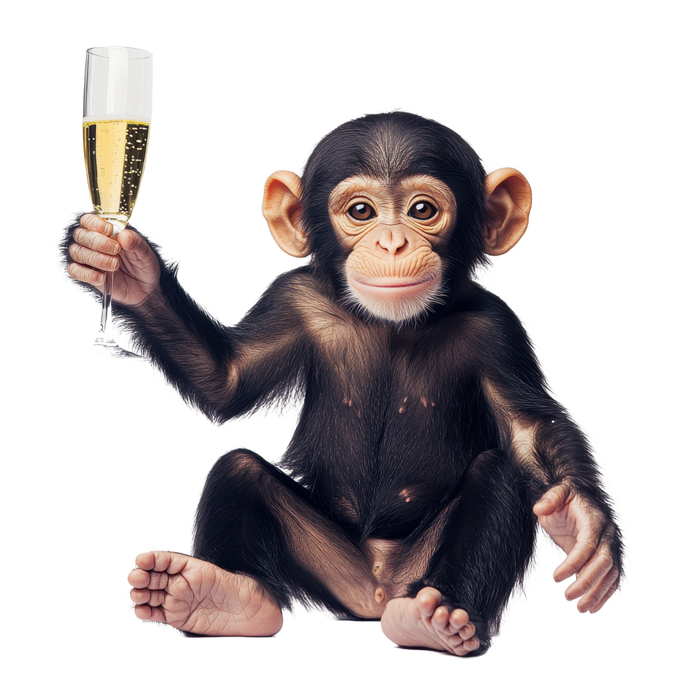 Funny monkey joyfully raising a champagne glass against a simple white background, Funny monkey with a champagne glass on white background New Year Celebration Concept, white background png