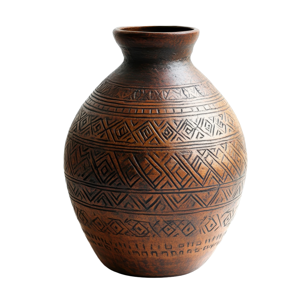 Decorative brown vase with intricate patterns against a white background showcasing traditional craftsmanship, Brown vase with patterns on its surface png