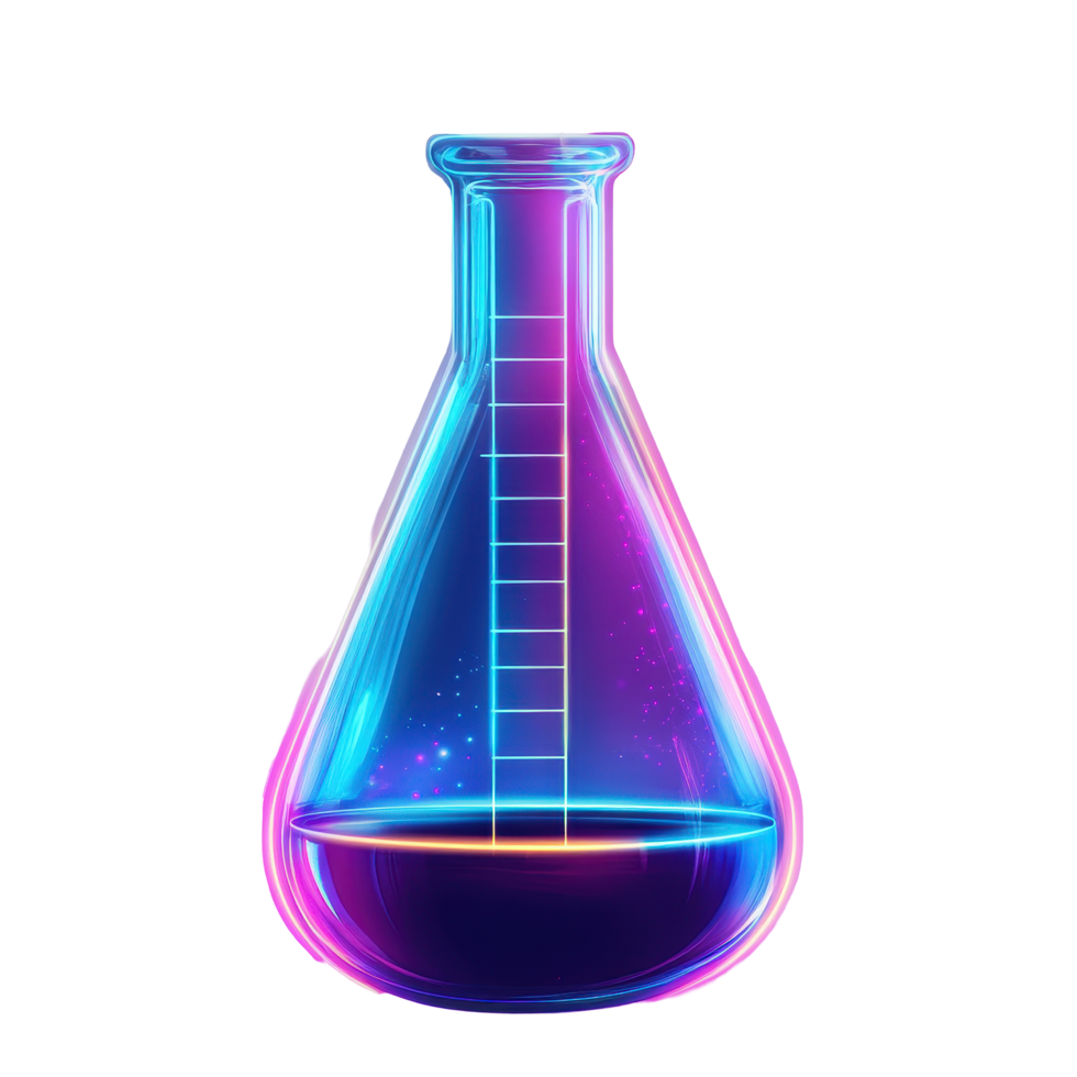 Chemical beaker illuminated with dark neon light for creative experimentation, Chemical beaker with dark neon light effect white background png