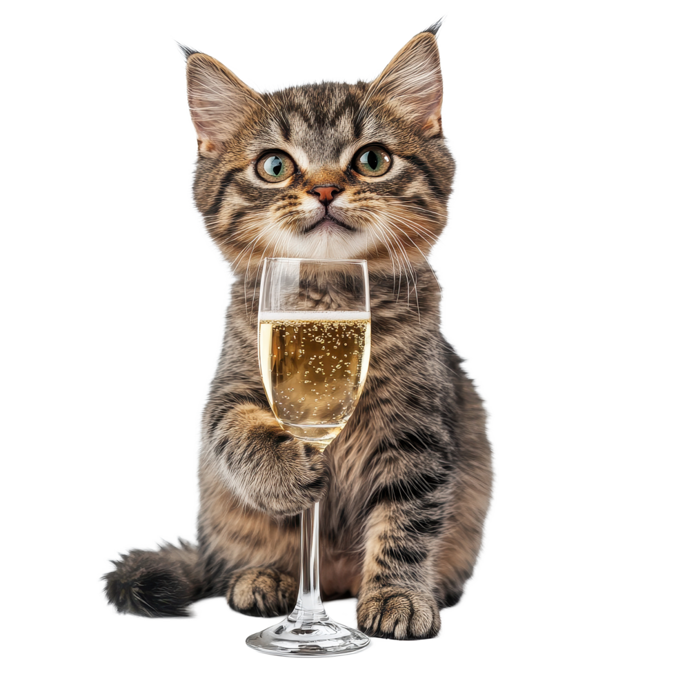 Funny cat enjoys a toast with a champagne glass against a white background, Funny Cat with Champagne Glass On white background Celebration Concept, white background png