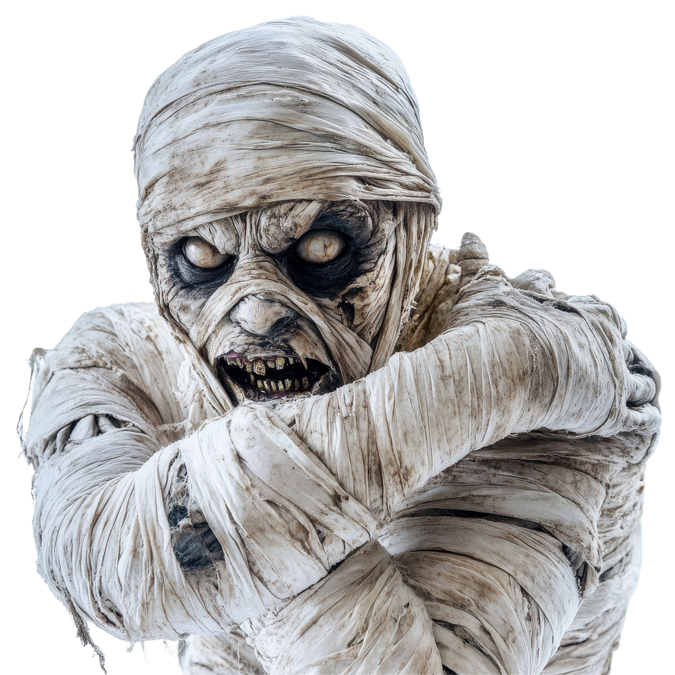 Terrifying mummy figure on Transparent background creating a spooky Halloween atmosphere, Terrifying halloween mummy on background png