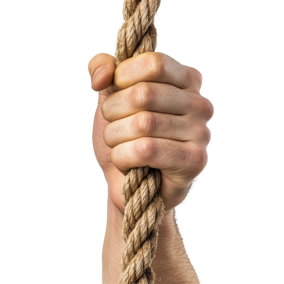 Hand gripping coarse rope in tense moment against a white background, Hand gripping rope in a tense moment, white background png