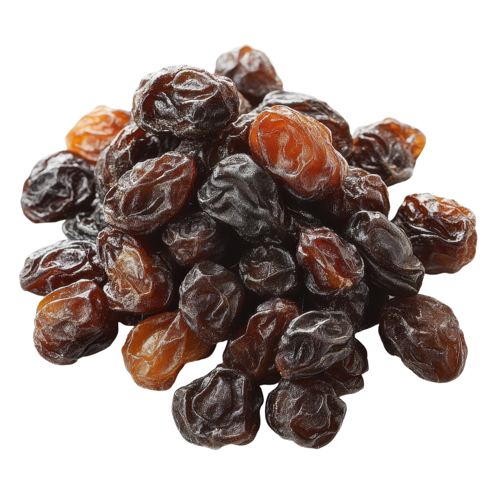 Raisins isolated on a Transparent background showcasing their distinctive wrinkled texture and rich color, raisins isolated on background png