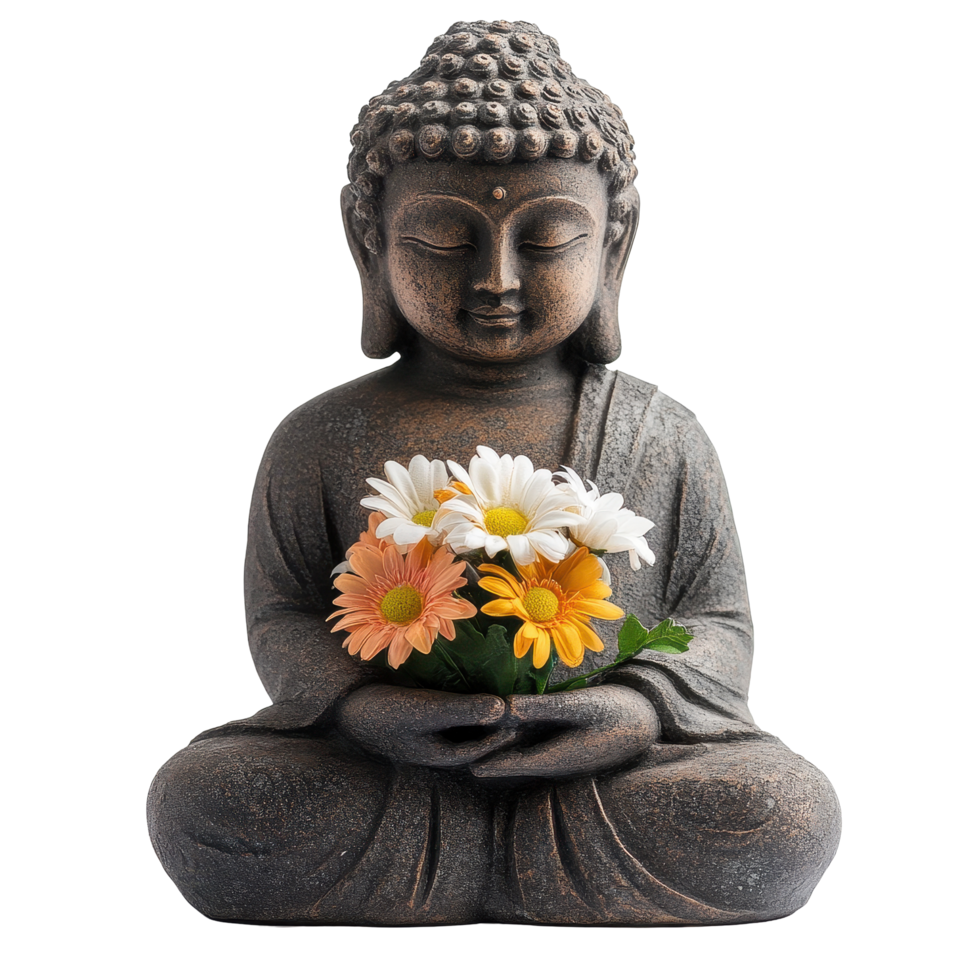 Buddha statue with flowers on white background showcasing harmony and tranquility, Buddha Statue Holding Flowers Isolated white background png