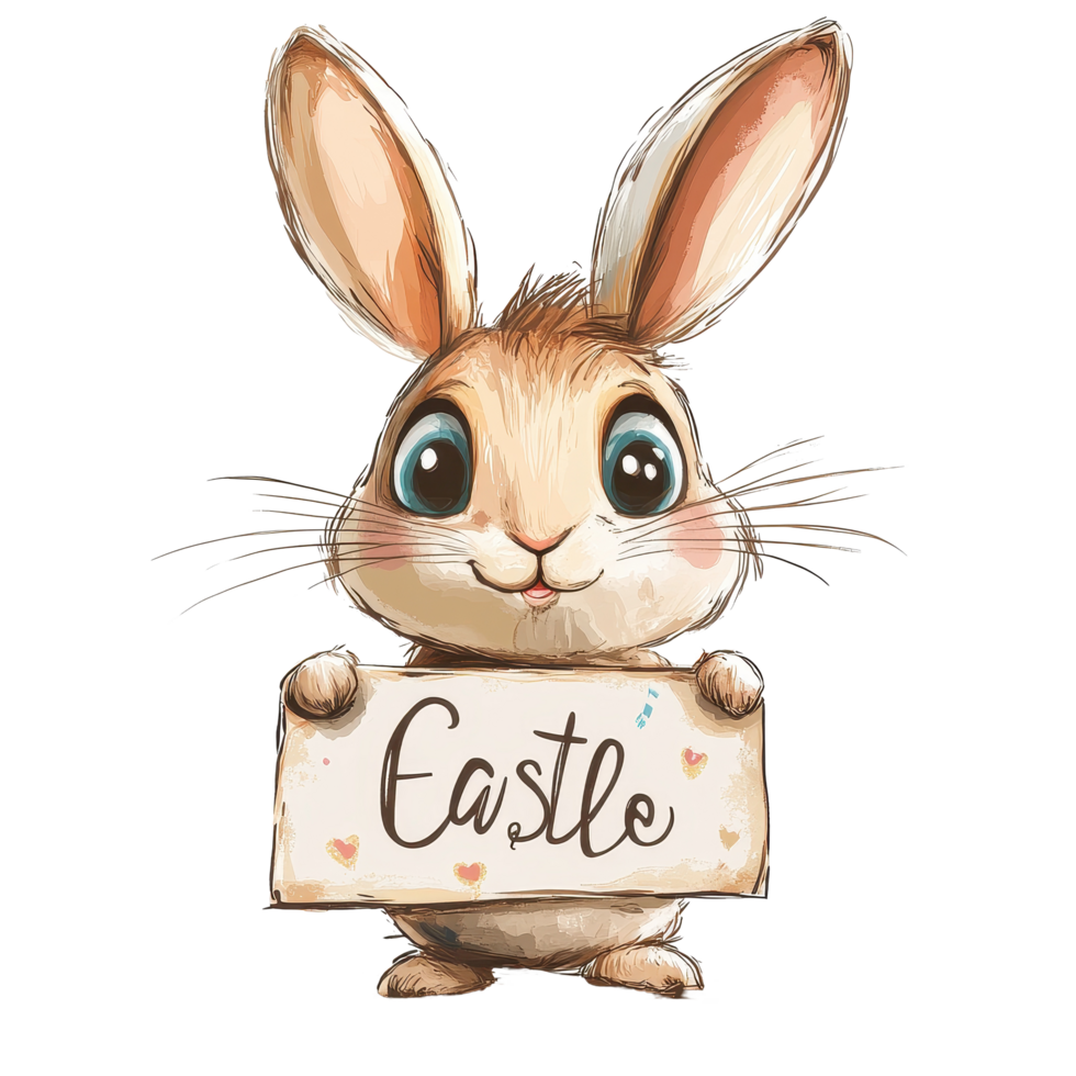 Cute cartoon rabbit holding Easter greeting sign with cheerful expression and bright colors, Cartoon Rabbit with Easter Greeting Sign on white background png