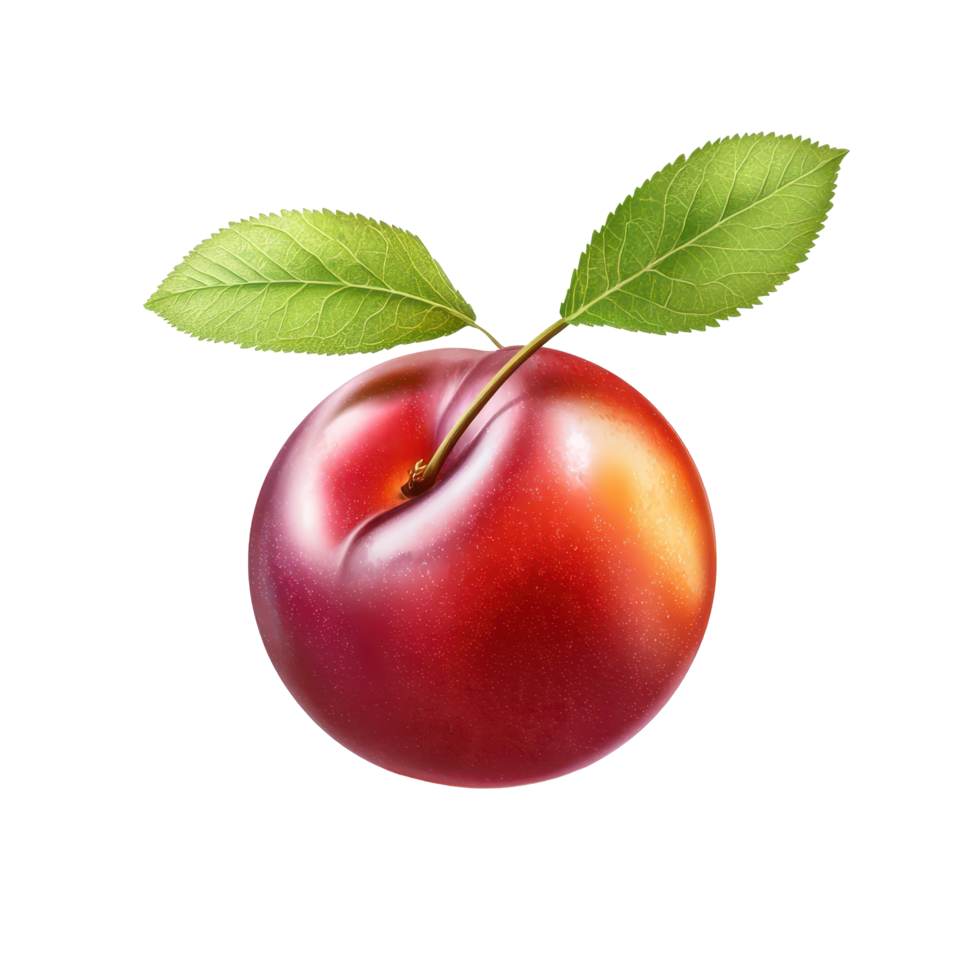 Half red cherry plum with green leaf isolated on a white background, half red cherry plum with leaf isolated on white background png