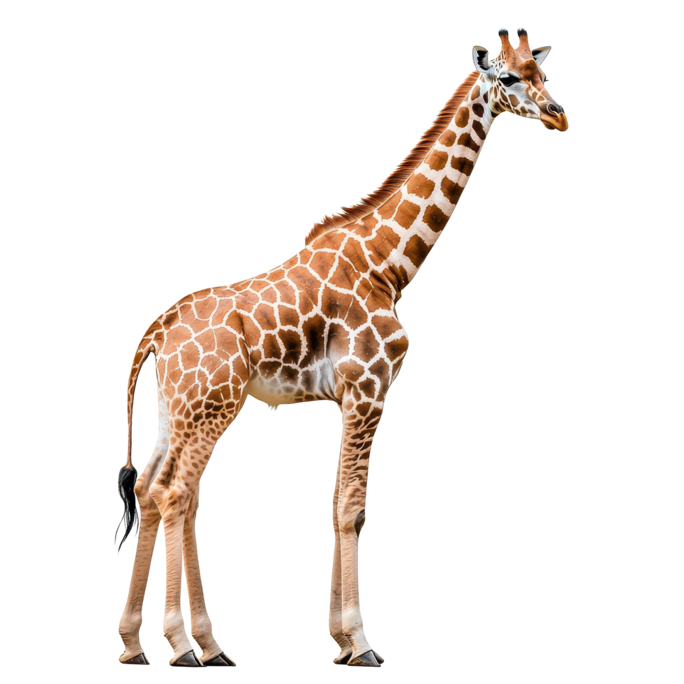Giraffe standing tall against a white background showcasing its distinctive patterns, Giraffe on white background png