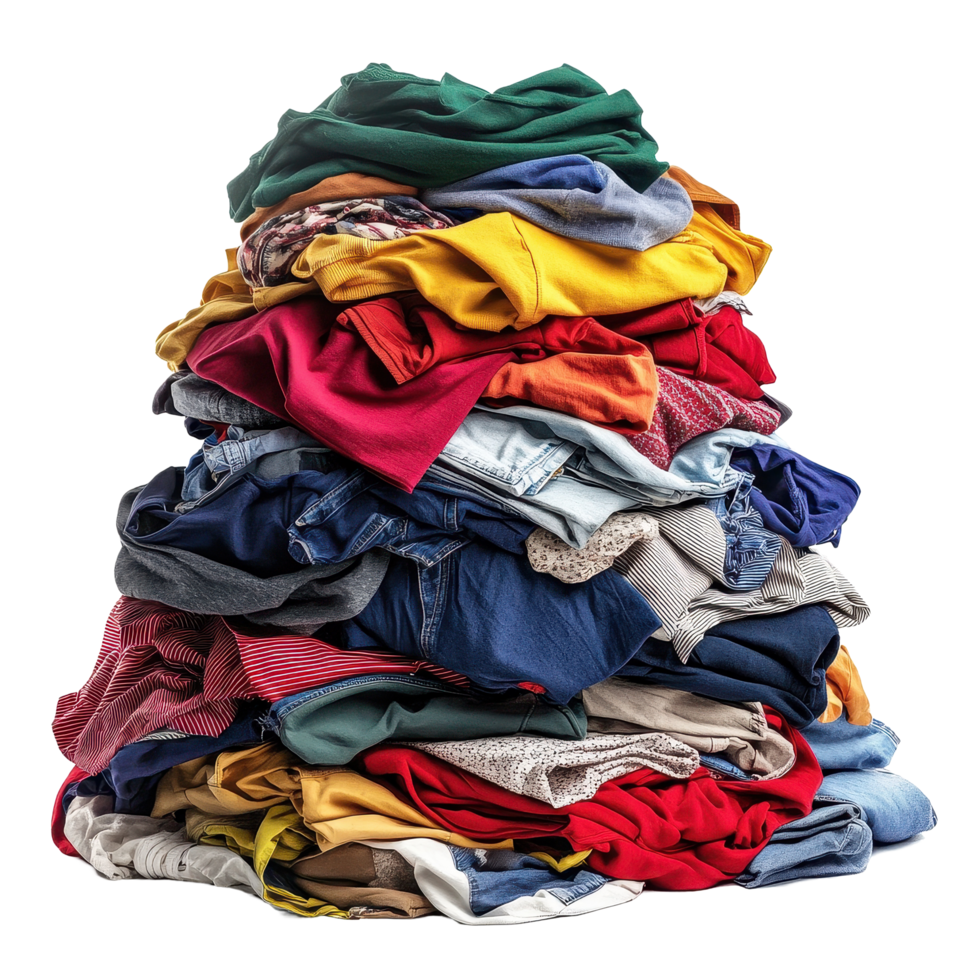 Clothing pile featuring various colors and styles isolated on a Transparent background, pile of clothes isolated on background png
