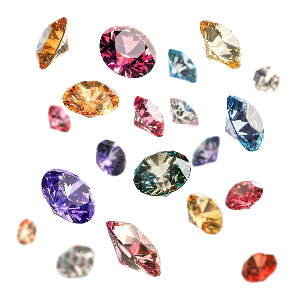 Colorful diamonds floating gracefully in the air create a stunning visual display, various colorful of diamonds floating on the air isolated Transparent background png
