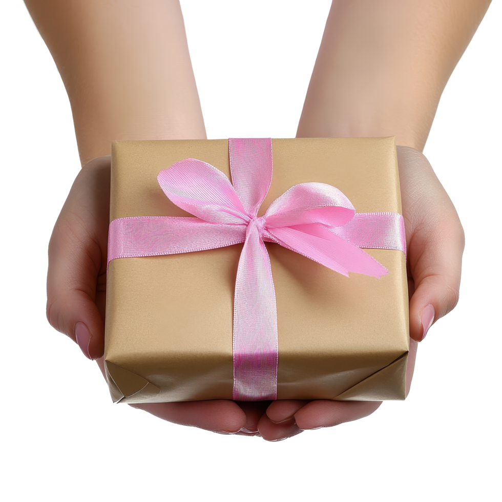 Hands present a beautifully wrapped gift in craft paper adorned with a pink ribbon showcasing festive spirit, Hands Presenting a Gift Wrapped in Craft Paper with Pink Ribbon On white background png