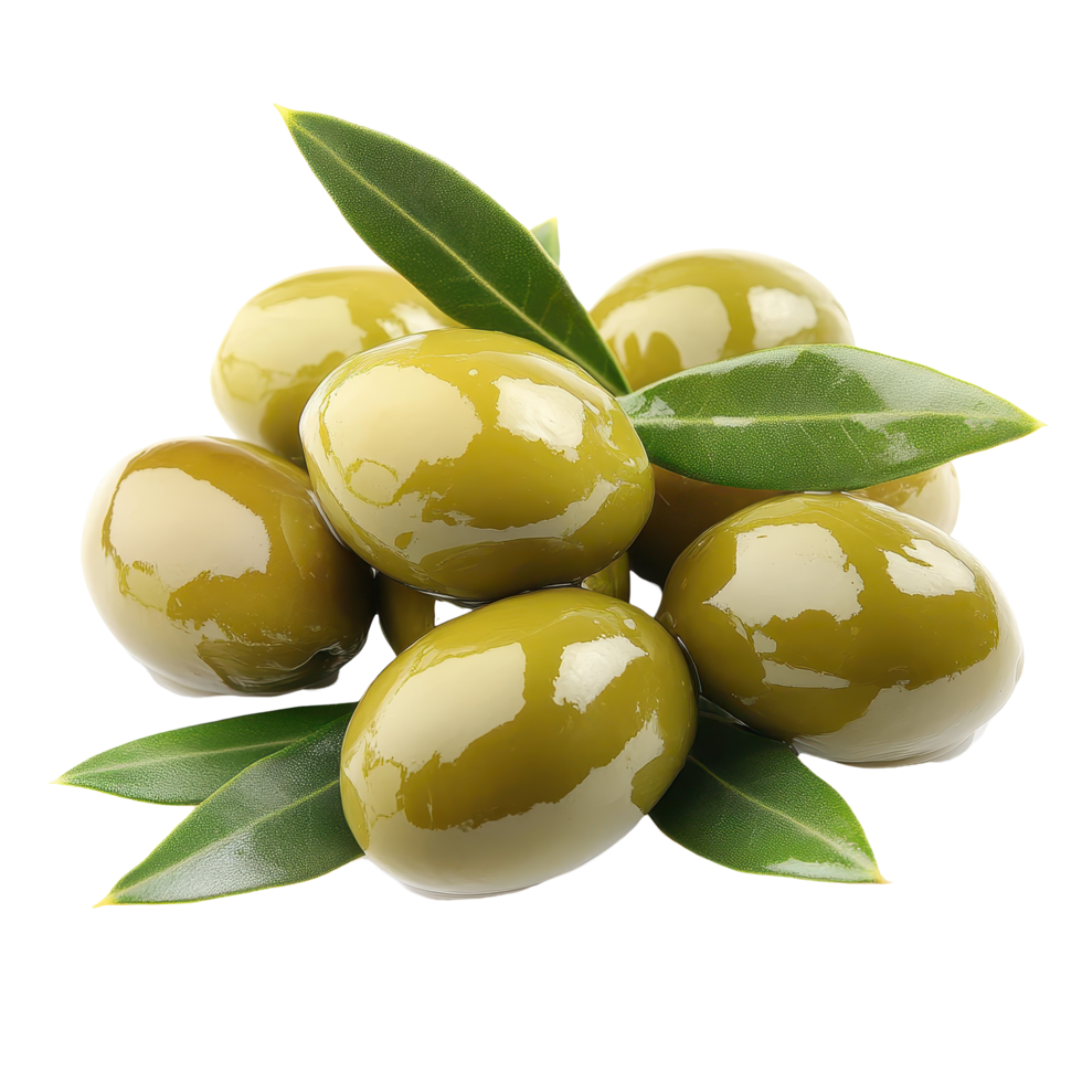 Fresh green olives with leaves arranged neatly on a white background for culinary presentation, Green grape with leaves isolated on white background png