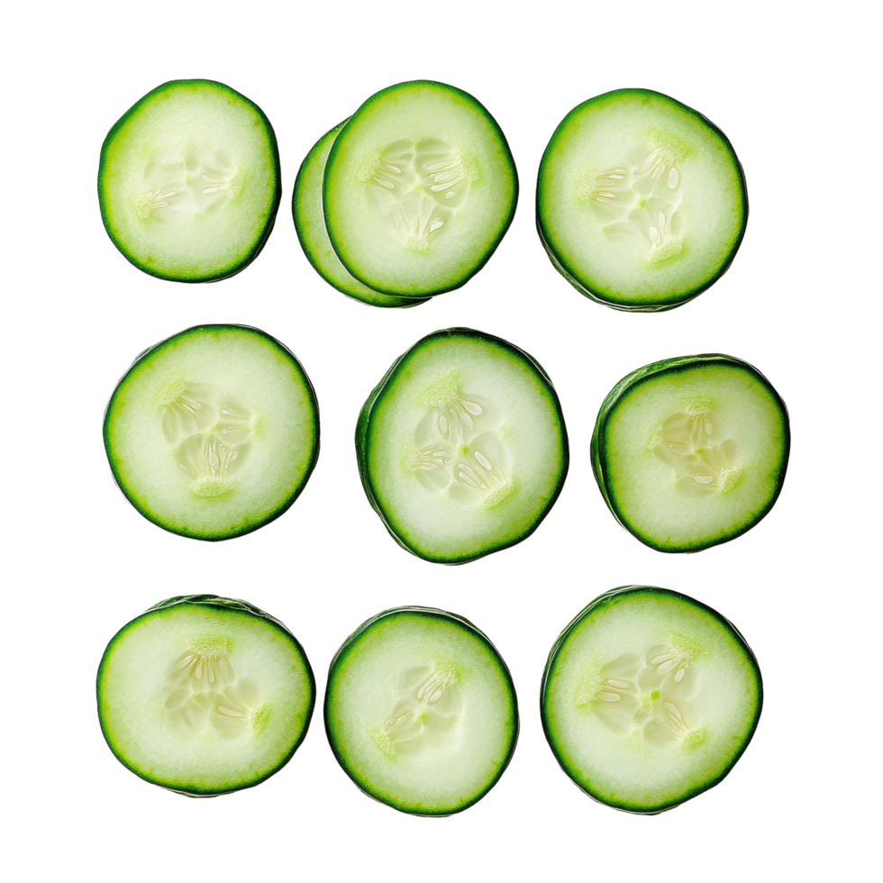 Freshly sliced cucumber rounds arranged neatly on a clean white background perfect for culinary use, Fresh slice cucumber on white background png
