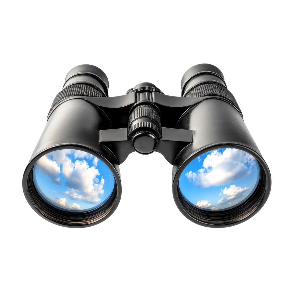 Closeup view of black binoculars reflecting a clear sky with clouds, Close up black binocular with sky in glasses isolated on white png