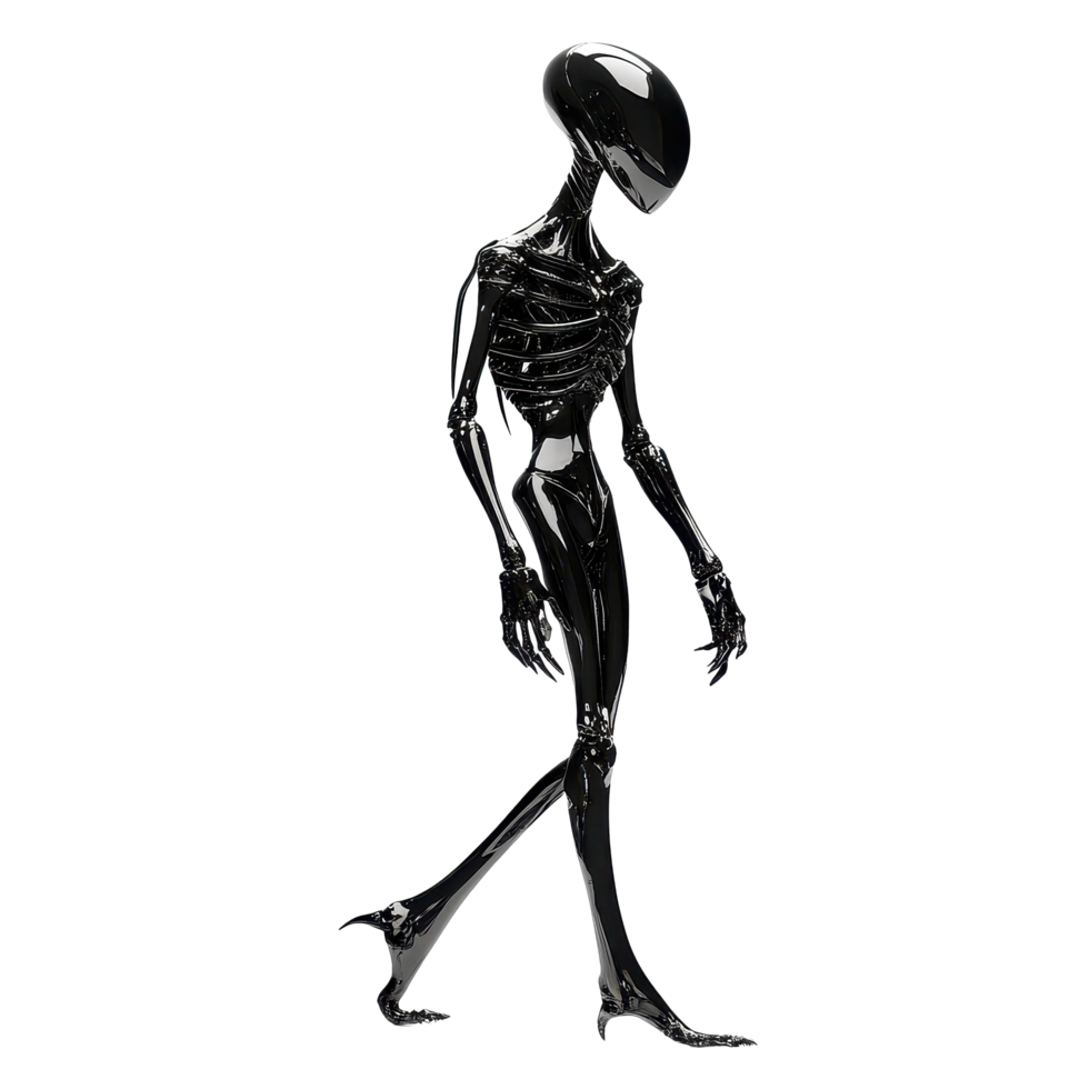 Elegant extraterrestrial figure gracefully walks in a minimalist environment, Elegant Extraterrestrial Sophisticated Alien Figure on a white background png