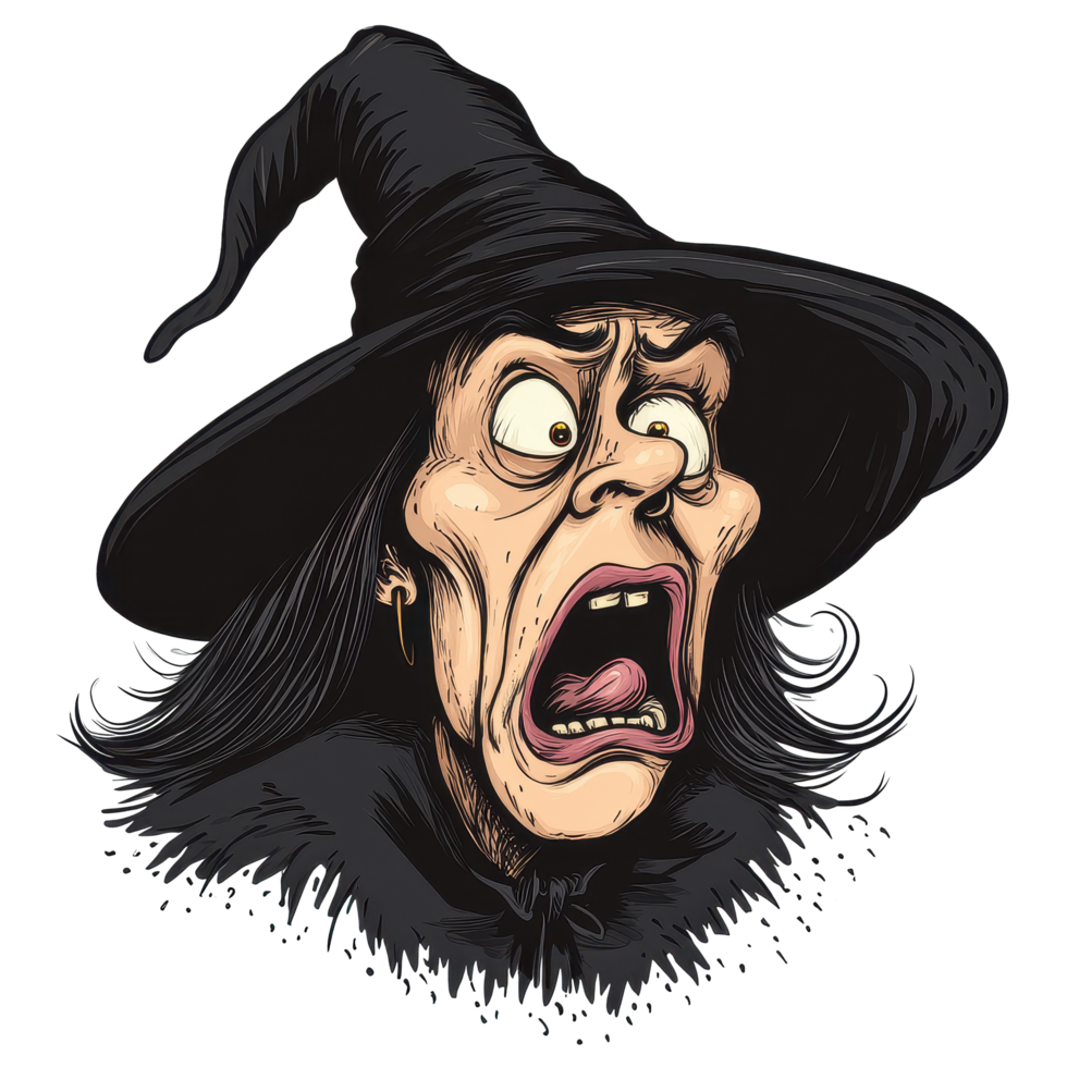 Scared witch with exaggerated features and a shocked expression on a plain Transparent background, Scared Witch on background png